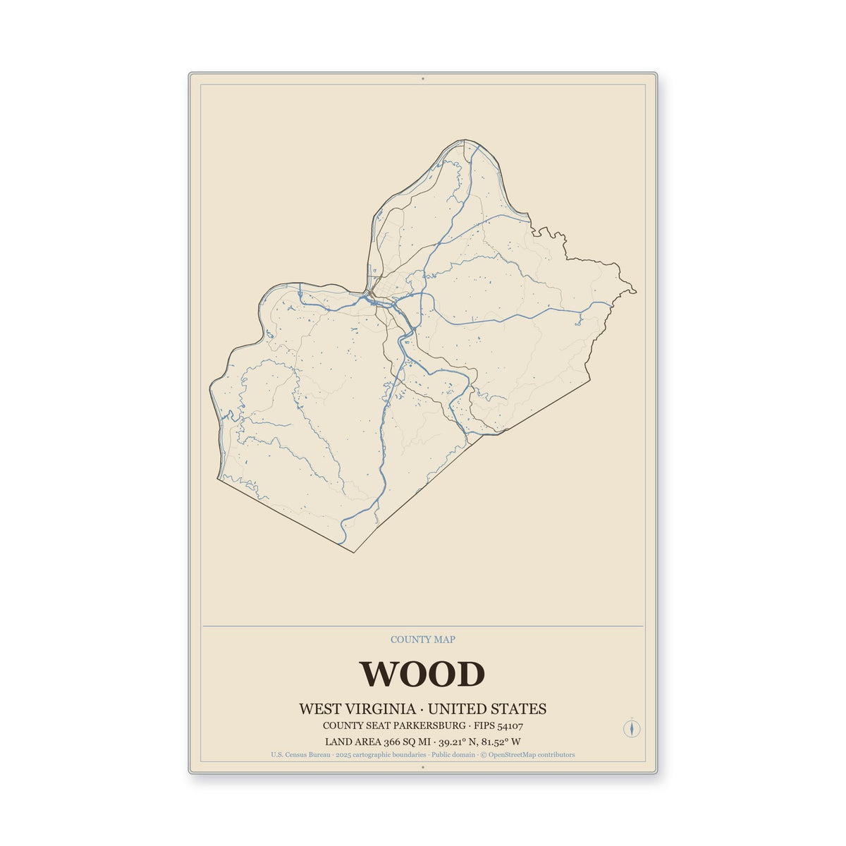 Wood County, West Virginia Map Aluminum Sign in Heritage Nautical style