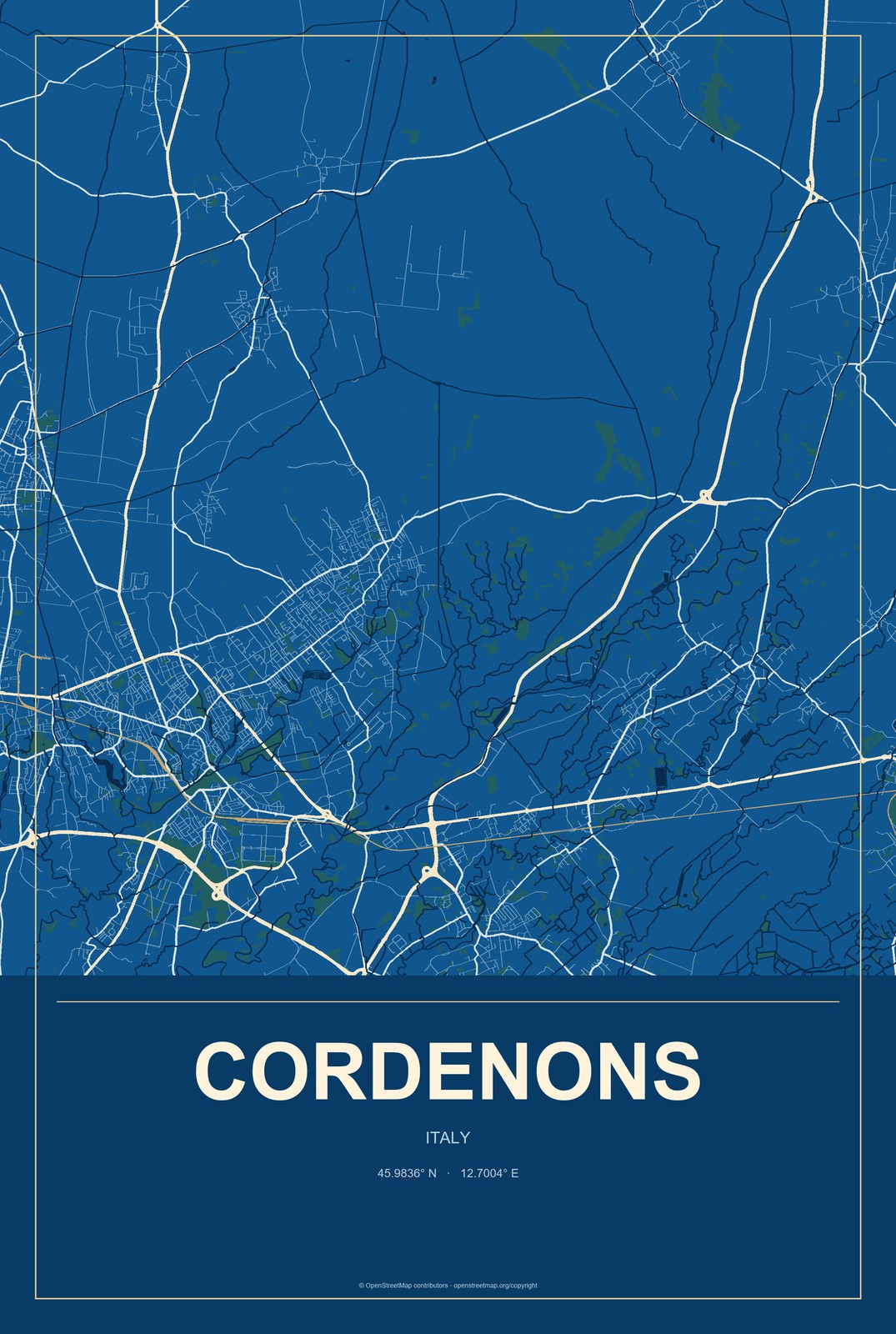 Cordenons, Italy City Map Aluminum Sign in Harbor Cobalt style