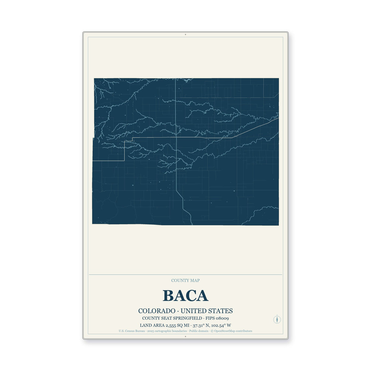 Baca County, Colorado Map Aluminum Sign in Coastal Cutout style