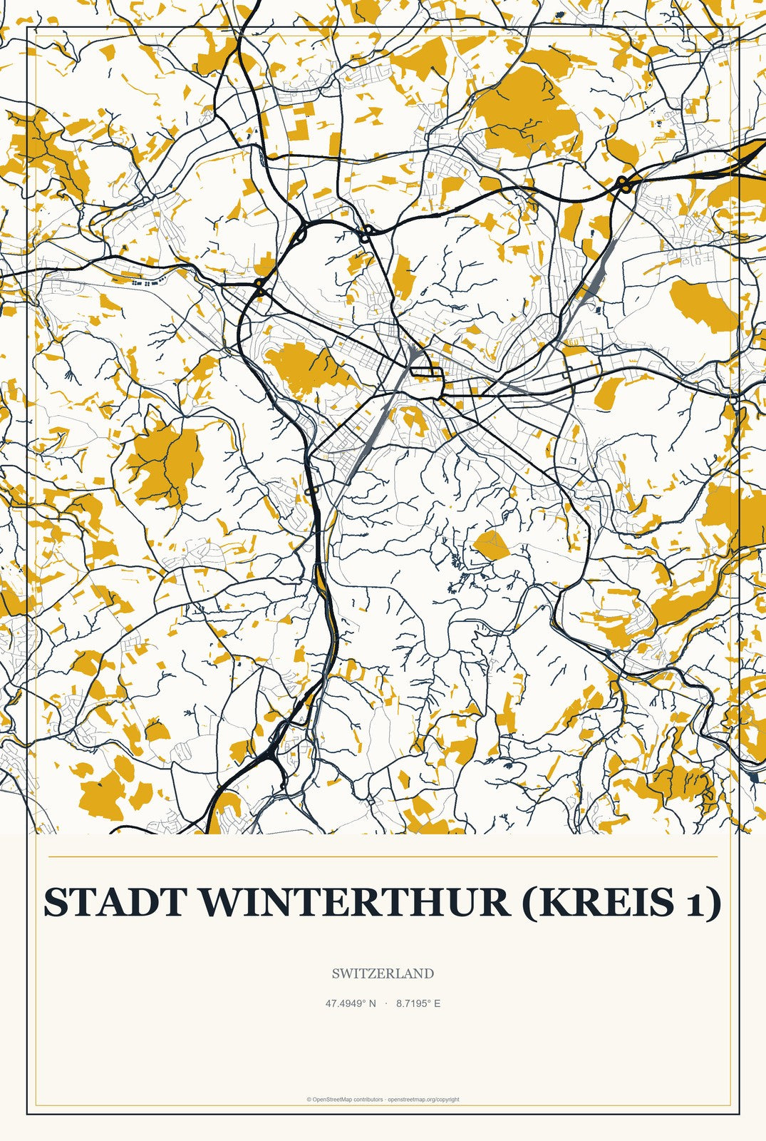 Stadt Winterthur (Kreis 1), Switzerland City Map Aluminum Sign in Citrine Modern style