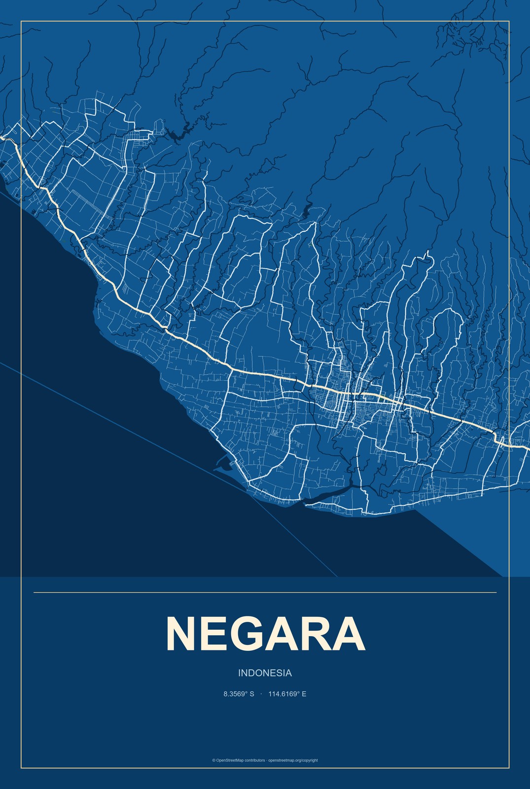Negara, Indonesia City Map Aluminum Sign in Harbor Cobalt style