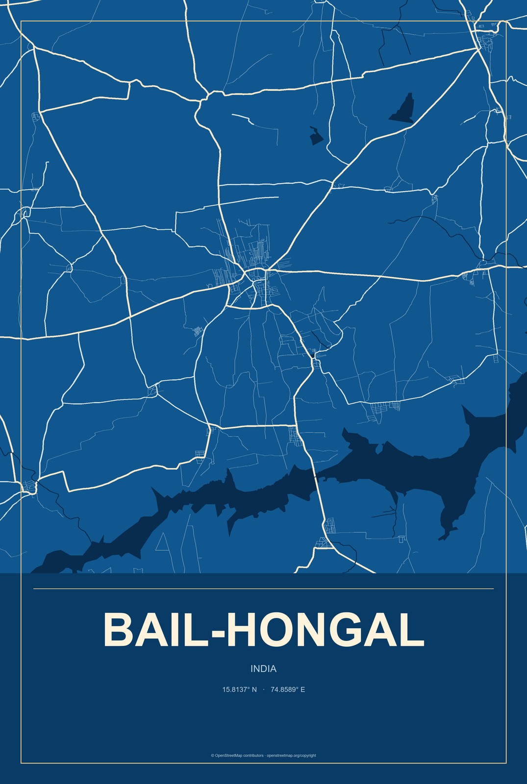 Bail-Hongal, India City Map Aluminum Sign in Harbor Cobalt style