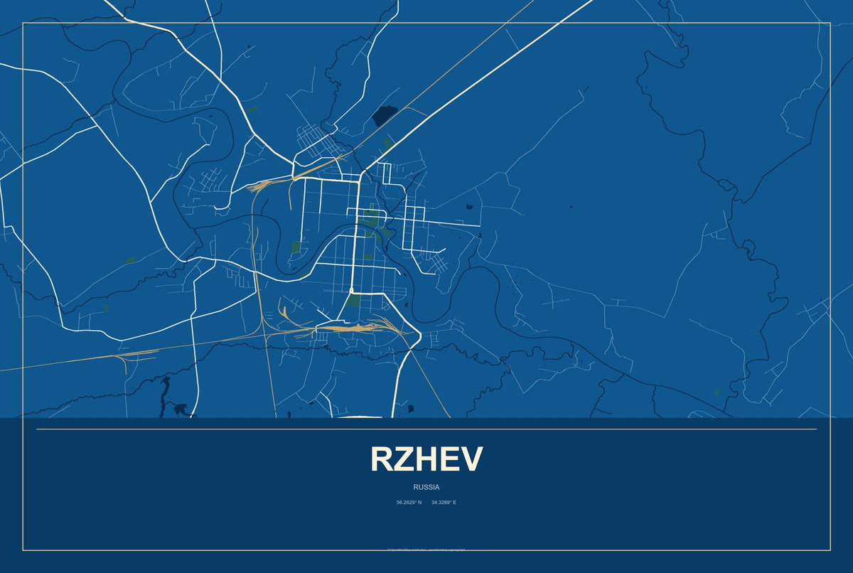 Rzhev, Russia City Map Aluminum Sign in Harbor Cobalt style