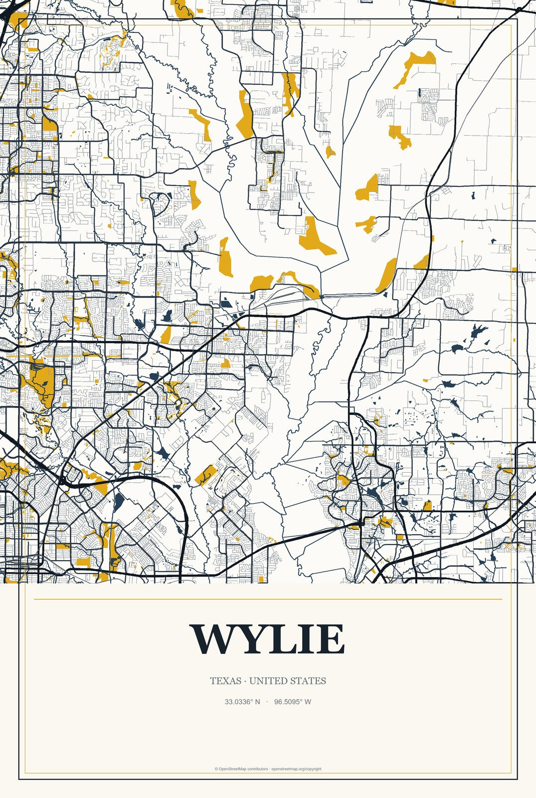 Wylie, Texas City Map Aluminum Sign in Citrine Modern style