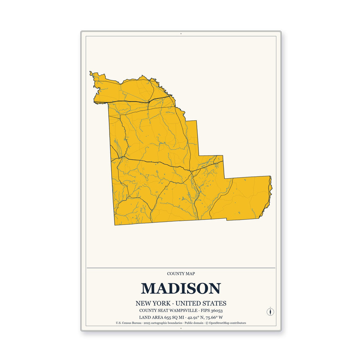 Madison County, New York Map Aluminum Sign in Citrine Modern style