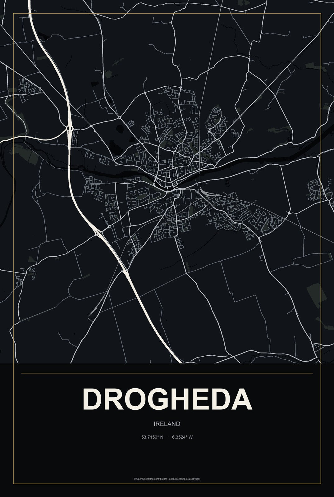Drogheda, Ireland City Map Aluminum Sign in Metropolitan Noir style