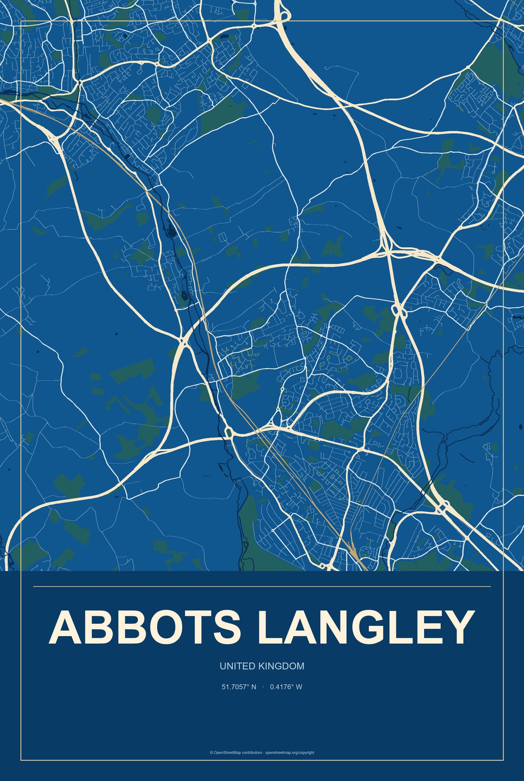 Abbots Langley, United Kingdom City Map Aluminum Sign in Harbor Cobalt style