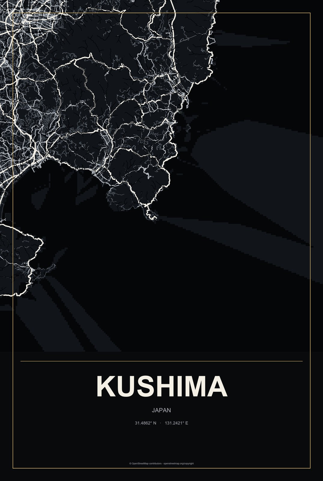 Kushima, Japan City Map Aluminum Sign in Metropolitan Noir style