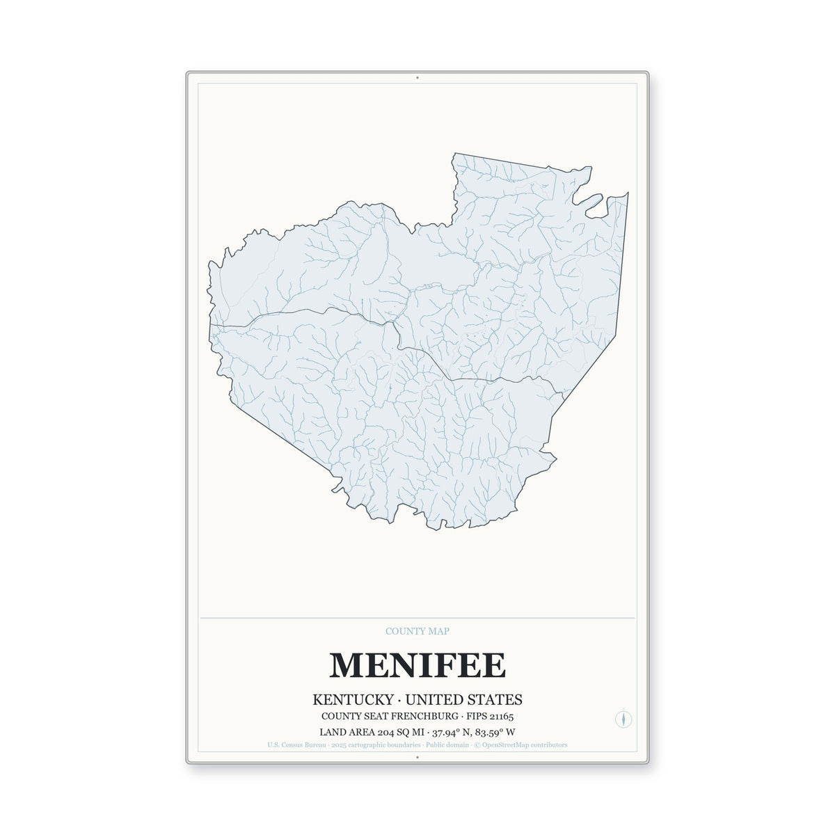 Menifee County, Kentucky Map Aluminum Sign in Gallery Air style
