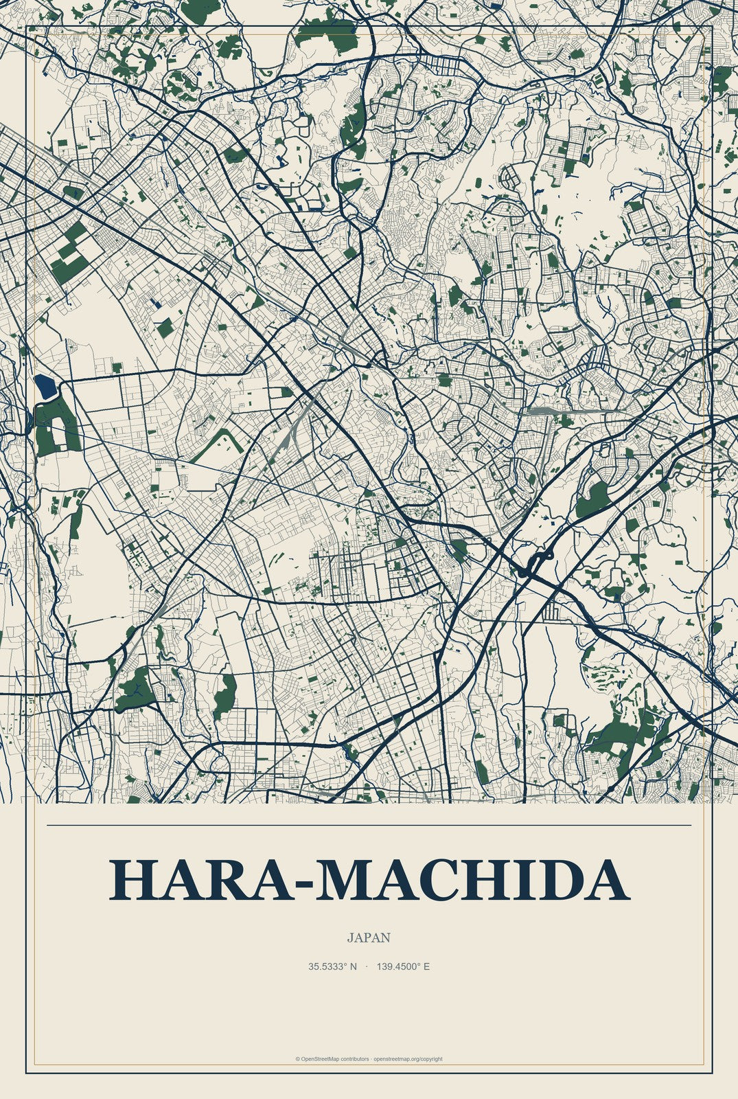 Hara-machida, Japan City Map Aluminum Sign in Coastal Cutout style