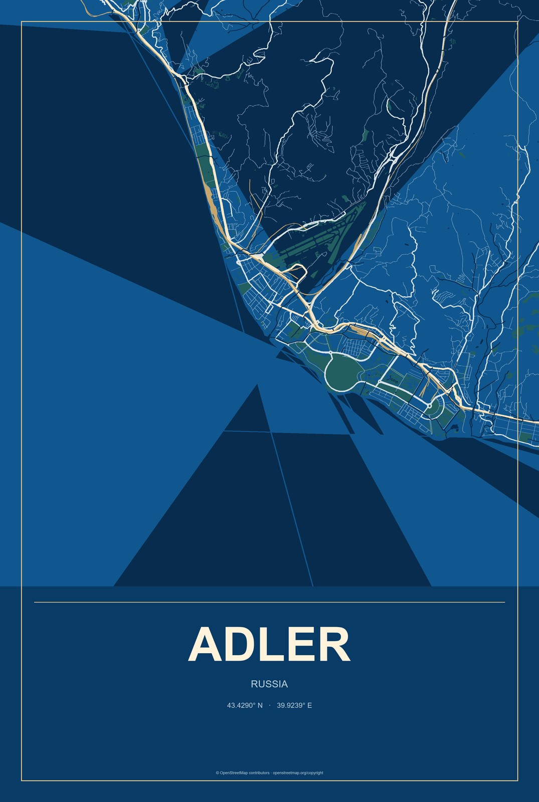 Adler, Russia City Map Aluminum Sign in Harbor Cobalt style