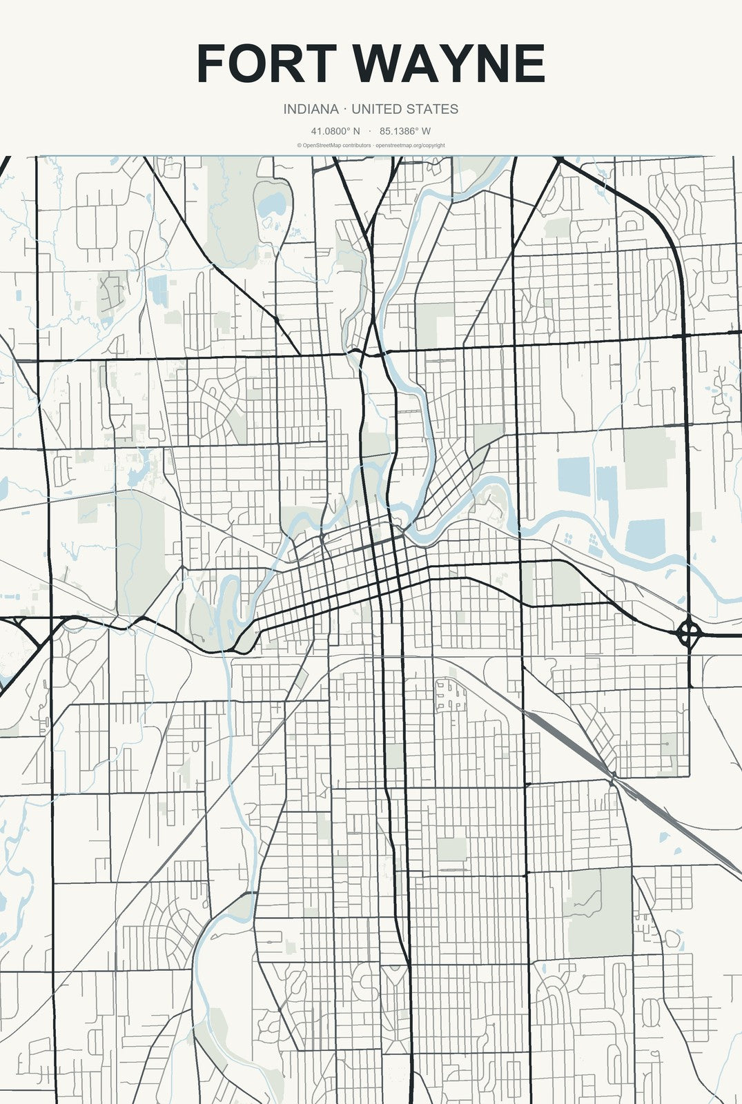 Fort Wayne, Indiana City Map Aluminum Sign in Headline Atlas style