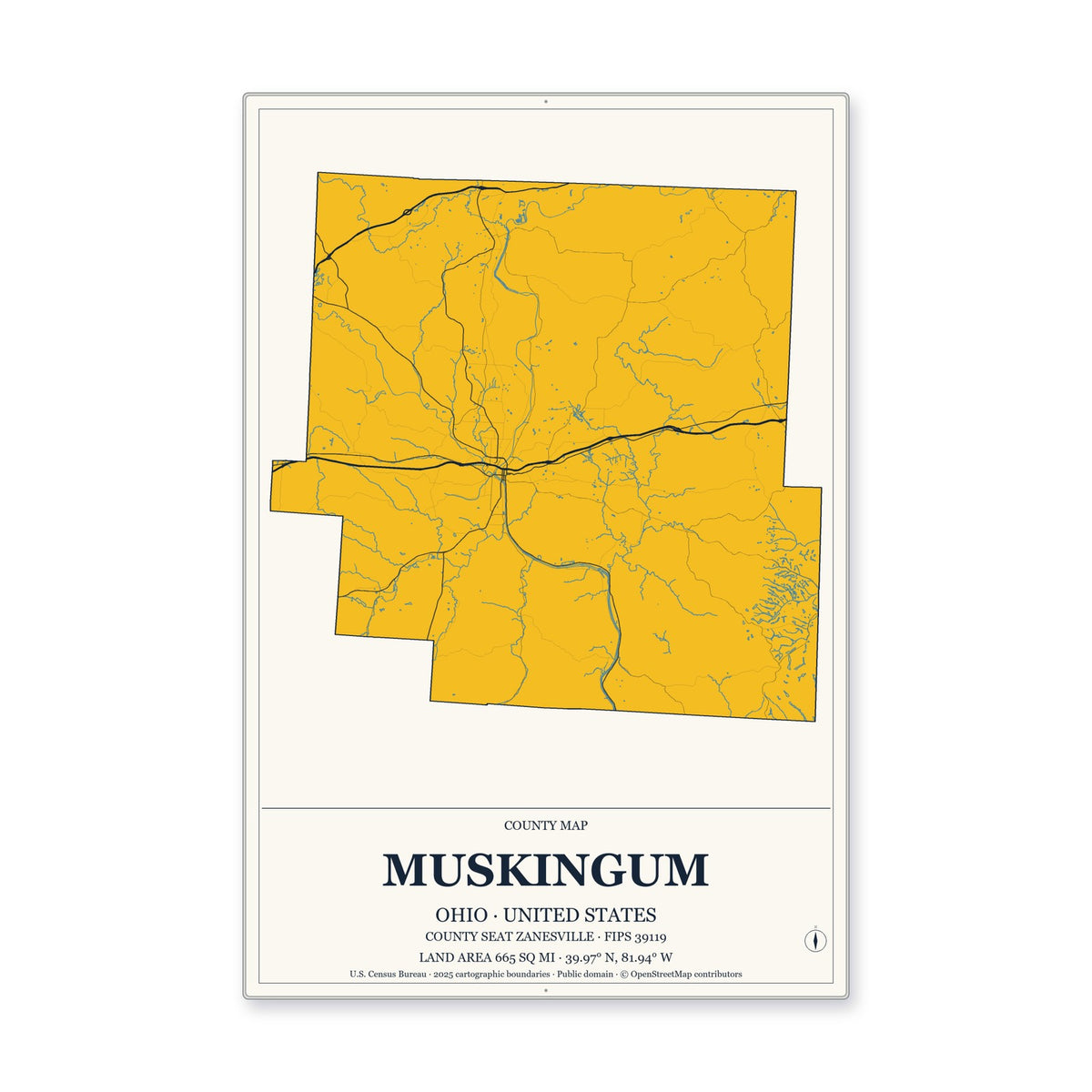 Muskingum County, Ohio Map Aluminum Sign in Citrine Modern style
