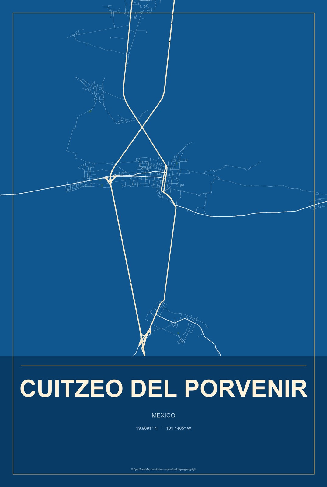 Cuitzeo del Porvenir, Mexico City Map Aluminum Sign in Harbor Cobalt style