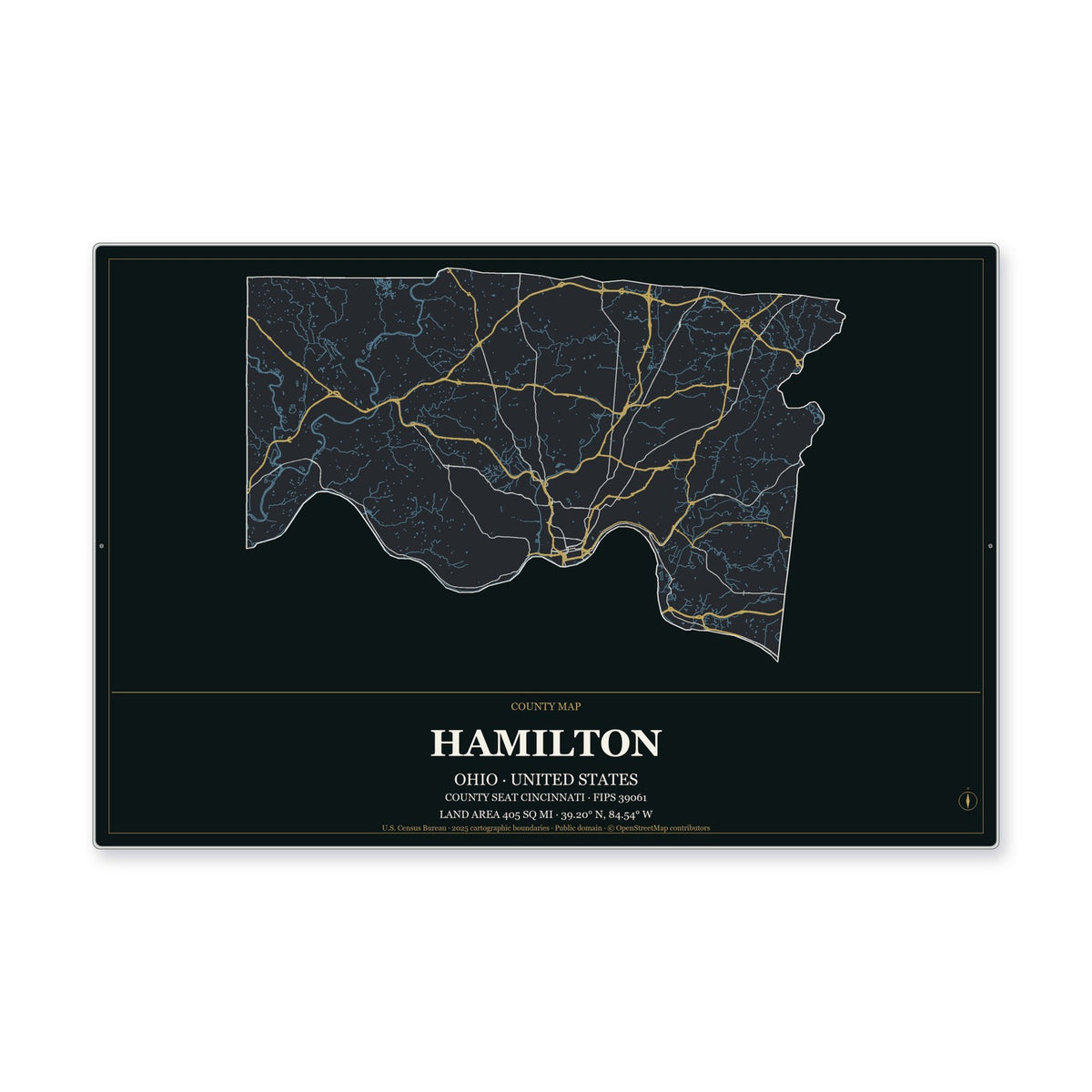 Hamilton County, Ohio Map Aluminum Sign in Metropolitan Noir style
