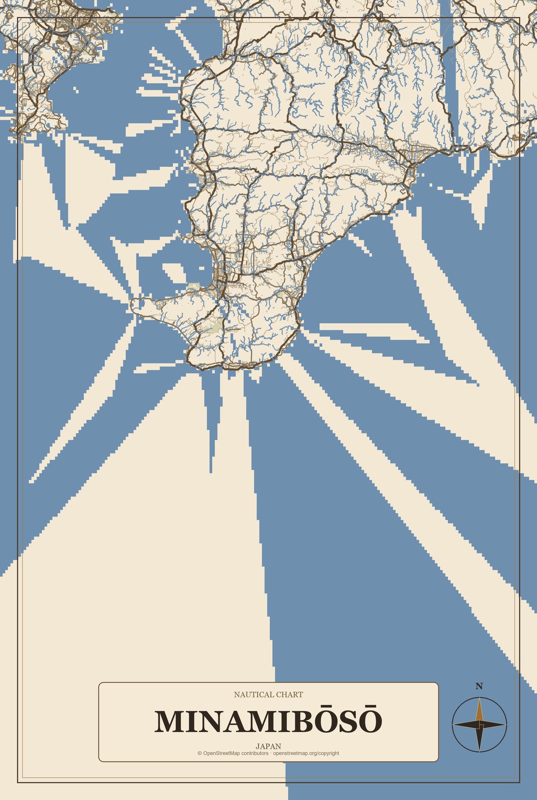 Minamibōsō, Japan City Map Aluminum Sign in Heritage Nautical style