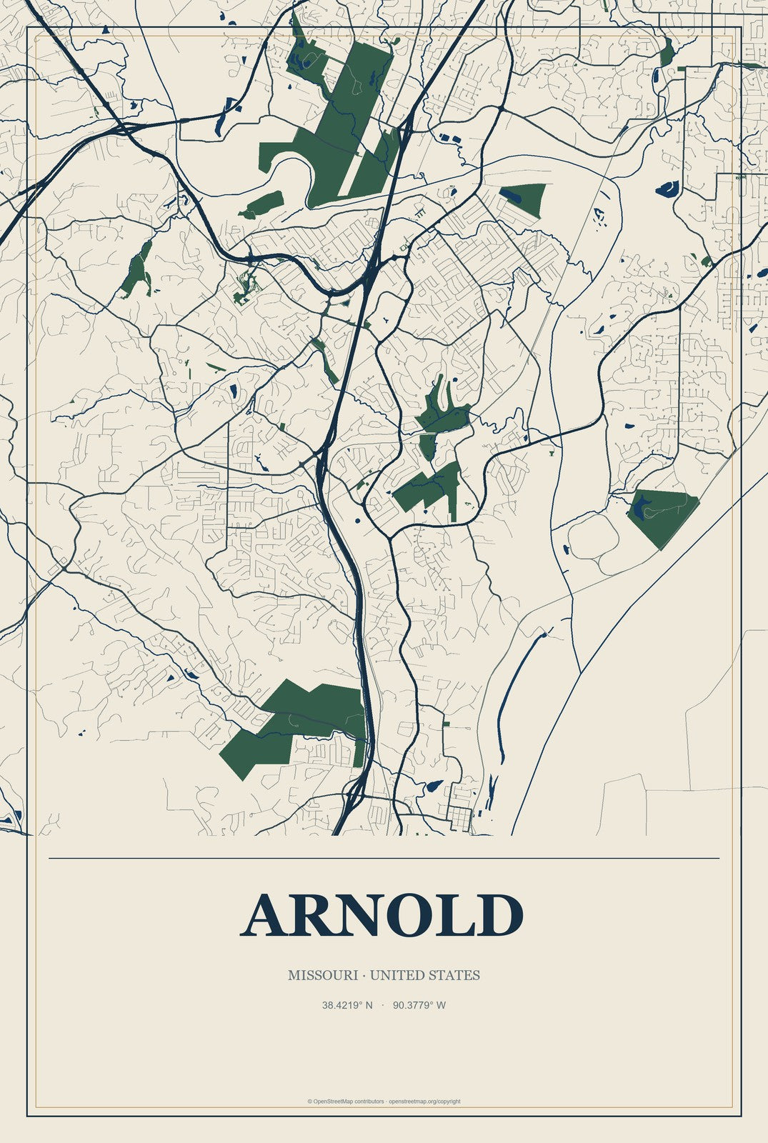 Arnold, Missouri City Map Aluminum Sign in Coastal Cutout style