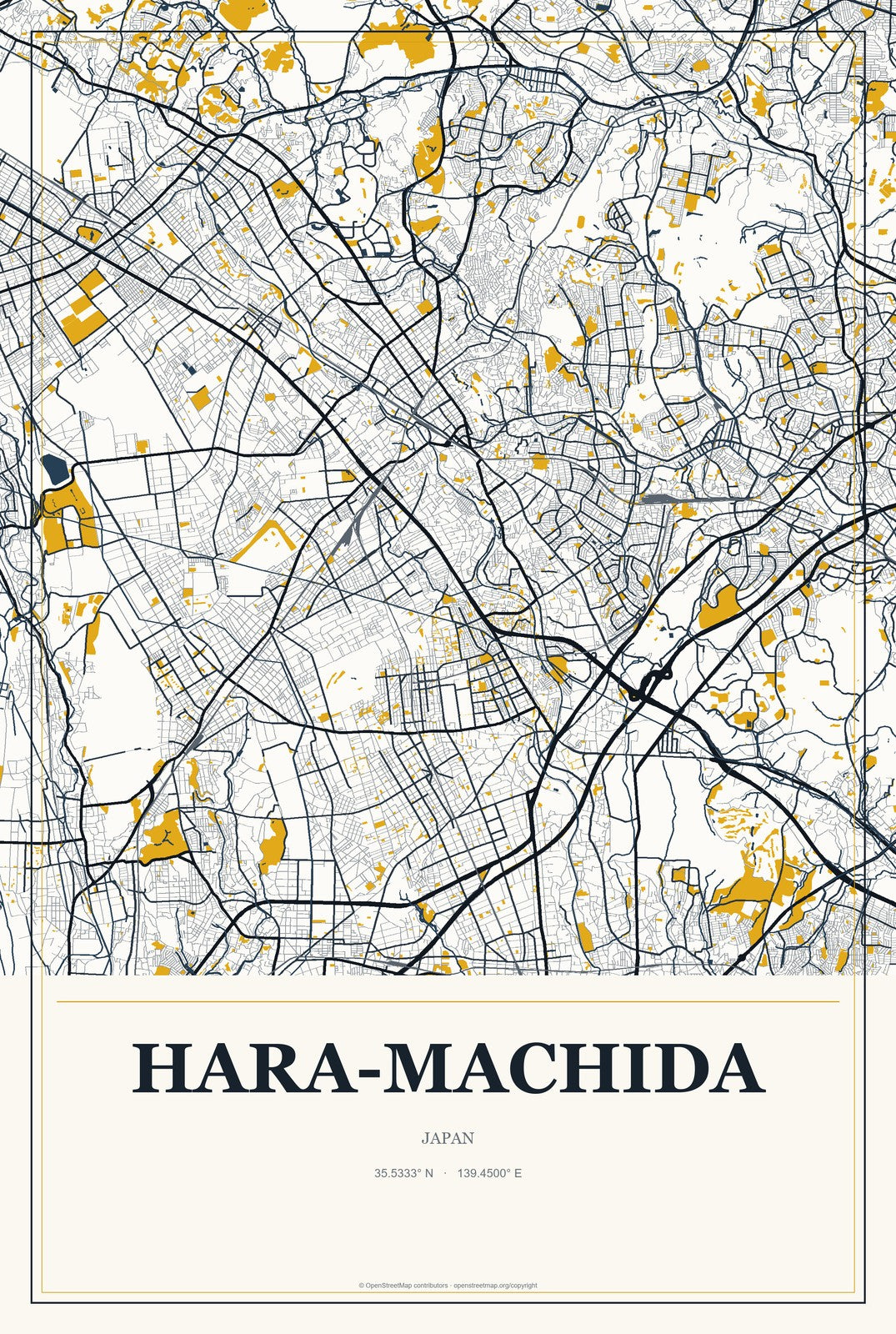 Hara-machida, Japan City Map Aluminum Sign in Citrine Modern style