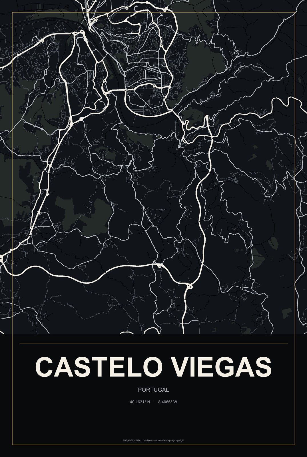 Castelo Viegas, Portugal City Map Aluminum Sign in Metropolitan Noir style