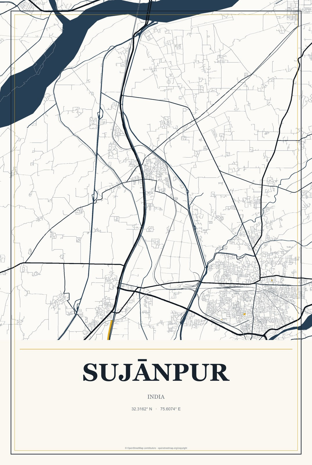Sujānpur, India City Map Aluminum Sign in Citrine Modern style