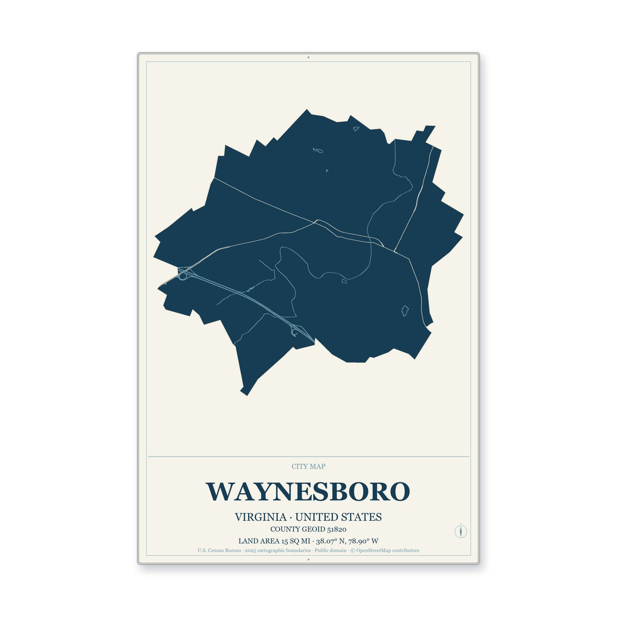 Waynesboro city, Virginia Map Aluminum Sign in Coastal Cutout style