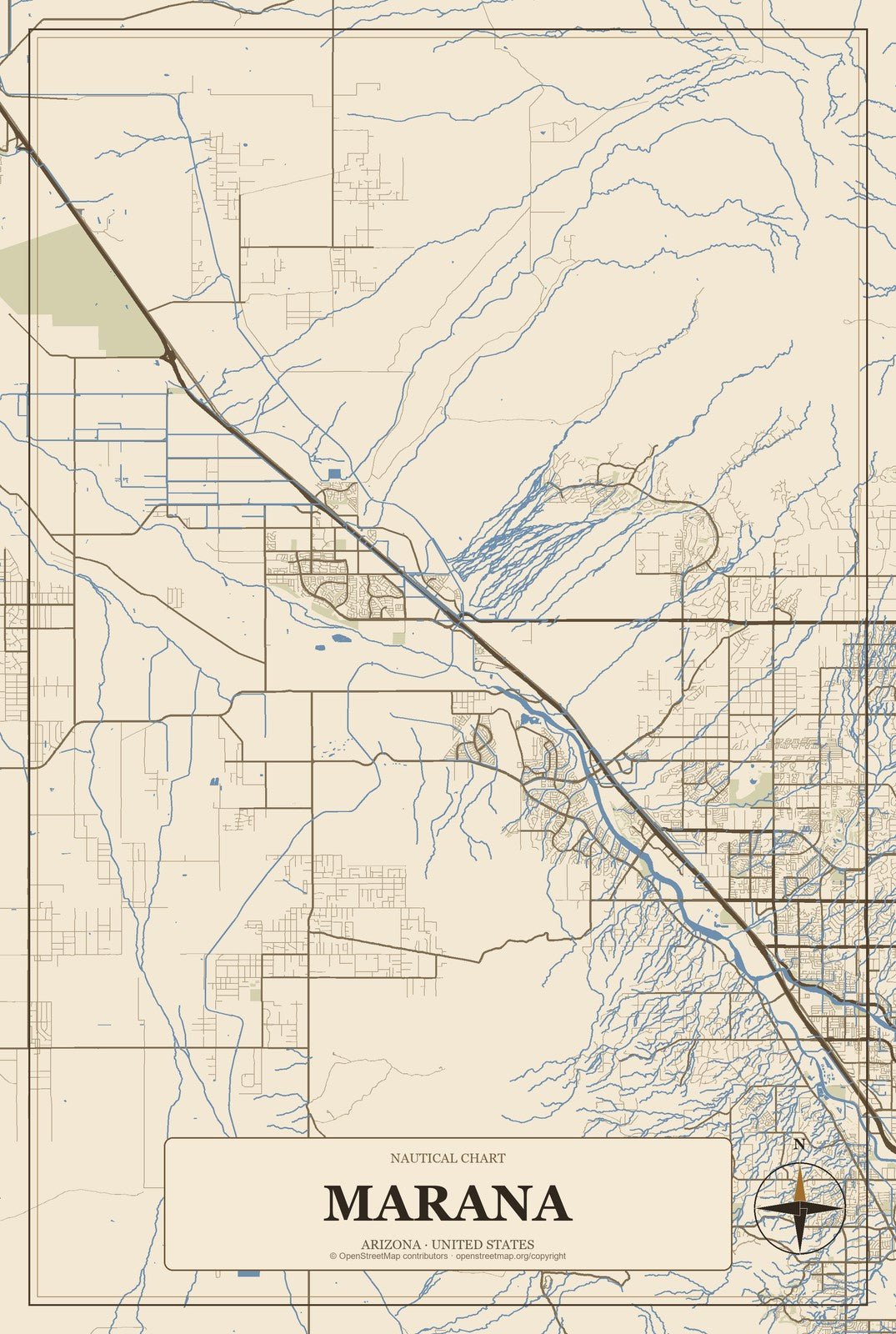 Marana, Arizona City Map Aluminum Sign in Heritage Nautical style