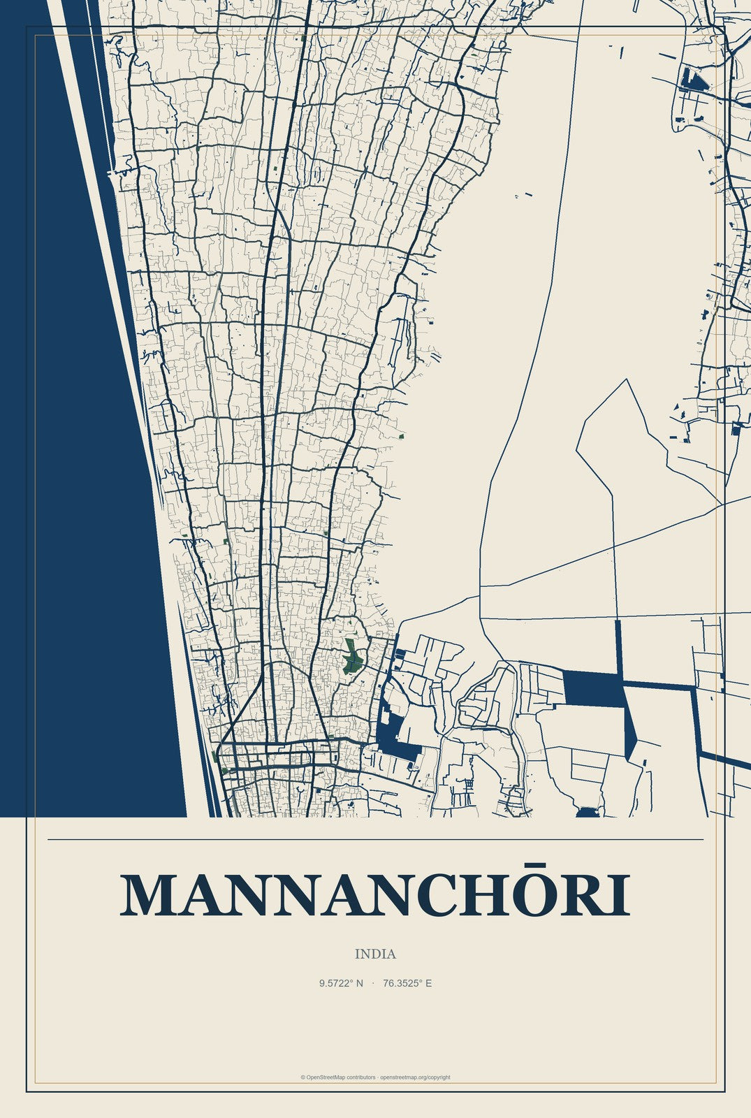 Mannanchōri, India City Map Aluminum Sign in Coastal Cutout style