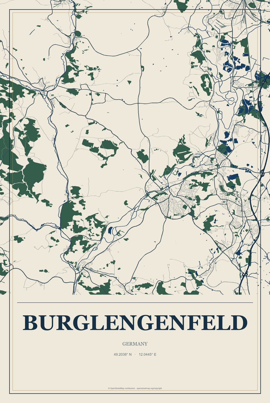 Burglengenfeld, Germany City Map Aluminum Sign in Coastal Cutout style