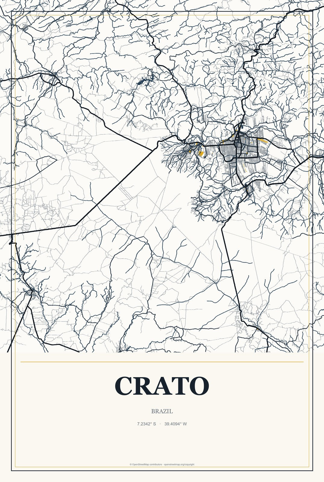 Crato, Brazil City Map Aluminum Sign in Citrine Modern style