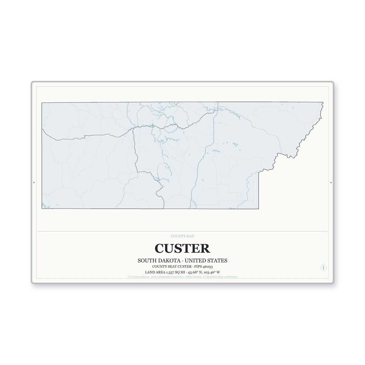Custer County, South Dakota Map Aluminum Sign in Gallery Air style