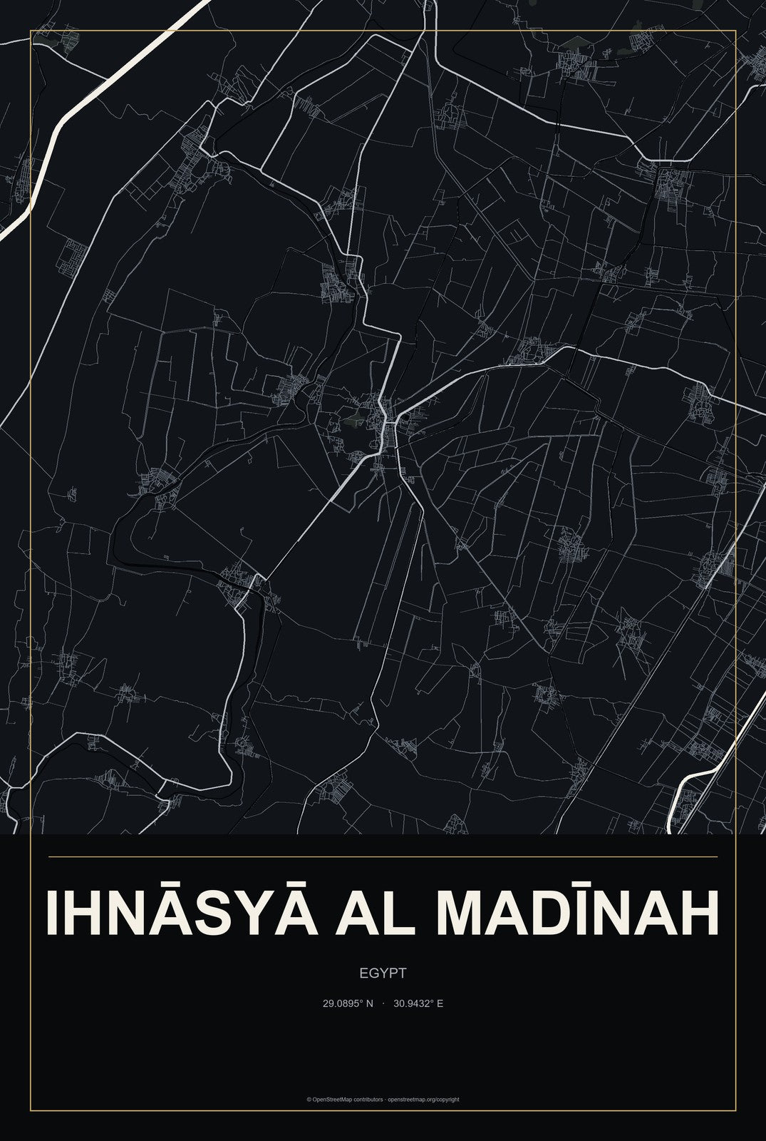 Ihnāsyā al Madīnah, Egypt City Map Aluminum Sign in Metropolitan Noir style