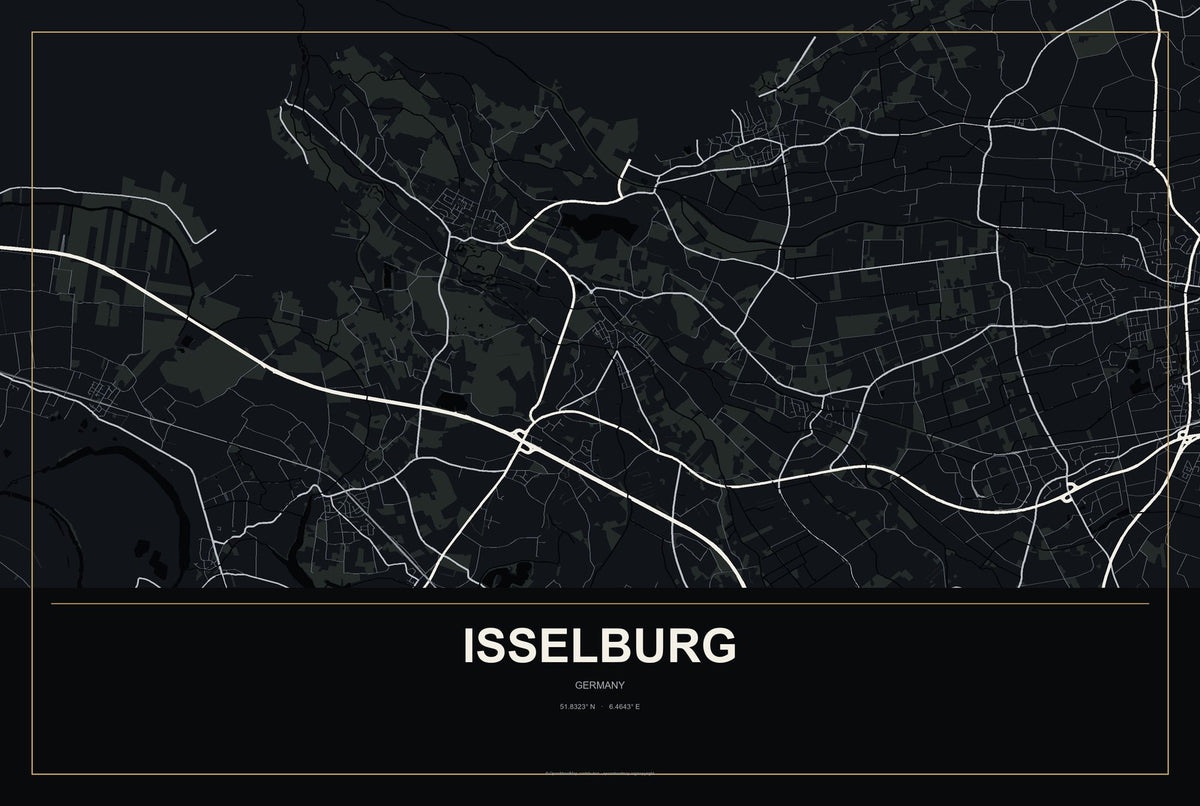 Isselburg, Germany City Map Aluminum Sign in Metropolitan Noir style