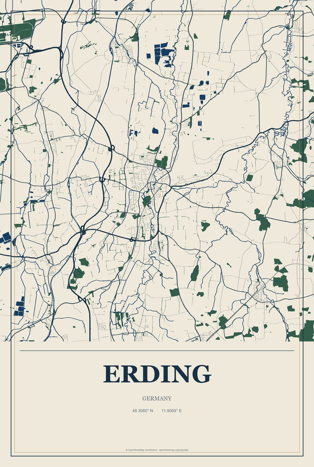 Erding, Germany City Map Aluminum Sign in Coastal Cutout style