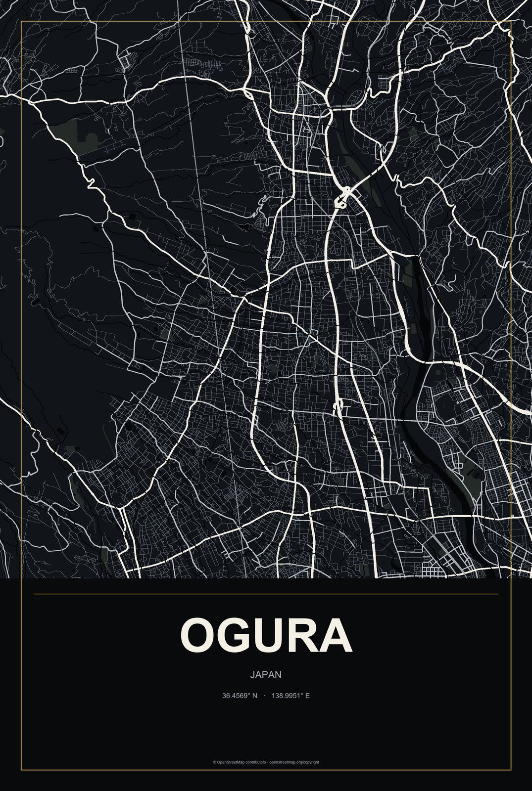 Ogura, Japan City Map Aluminum Sign in Metropolitan Noir style