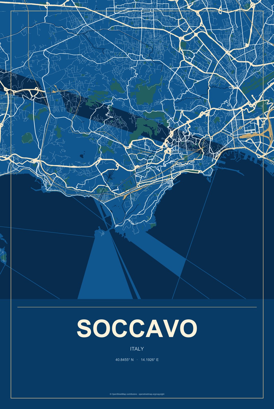 Soccavo, Italy City Map Aluminum Sign in Harbor Cobalt style