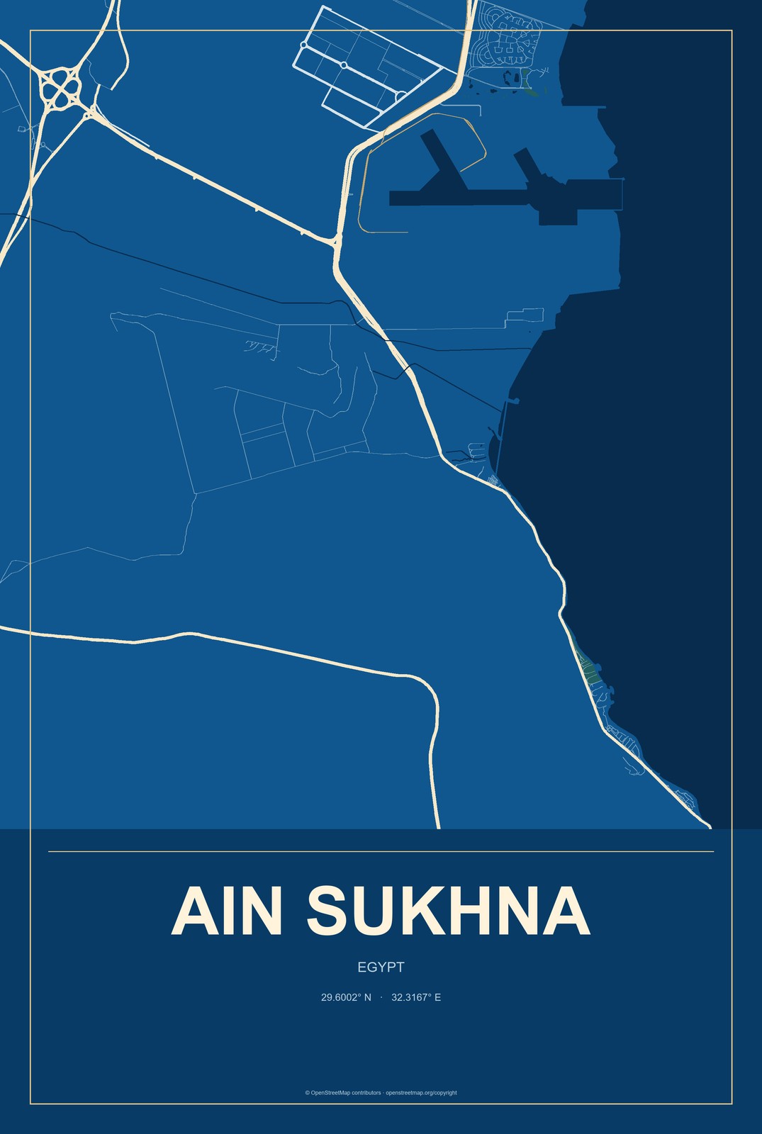 Ain Sukhna, Egypt City Map Aluminum Sign in Harbor Cobalt style