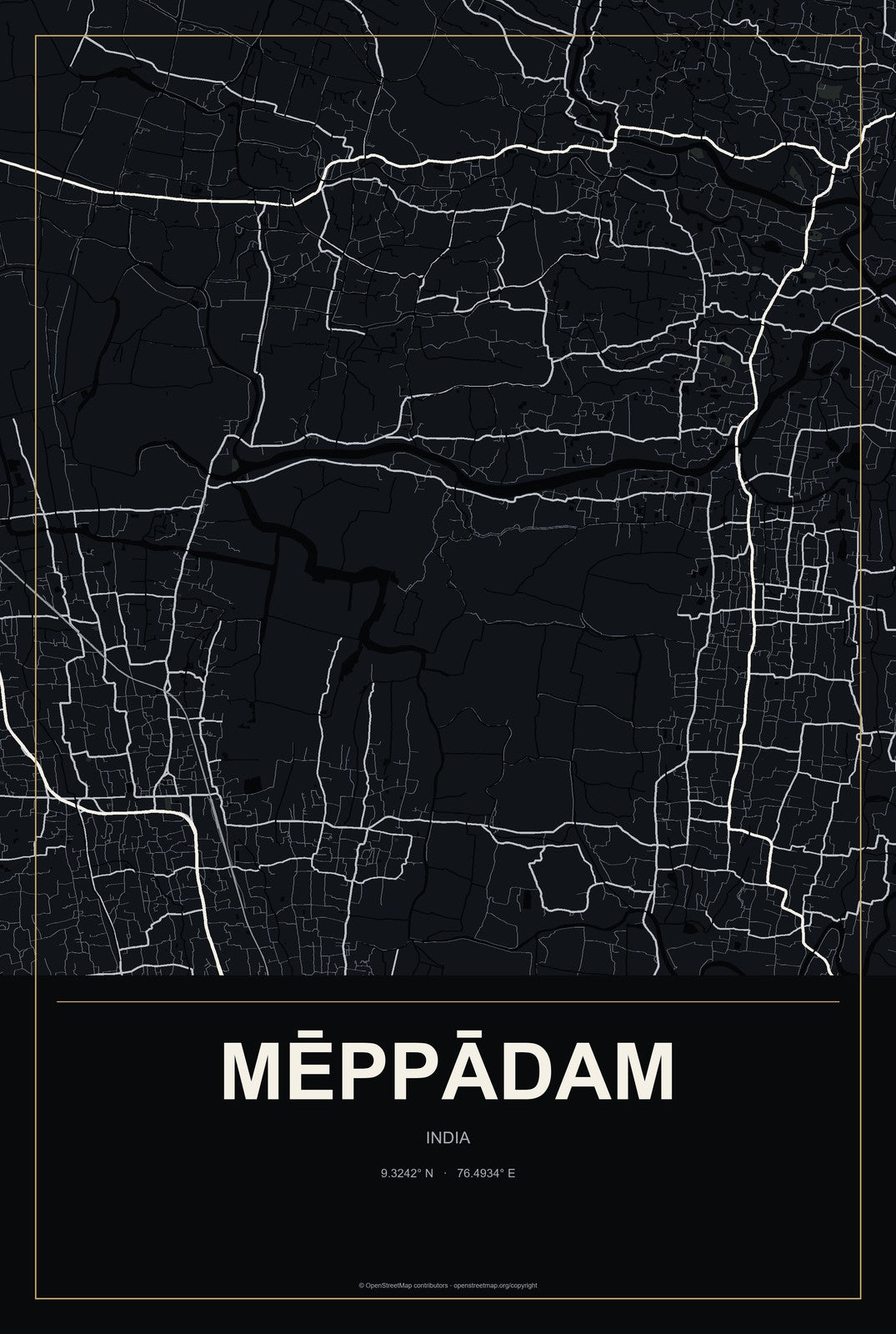 Mēppādam, India City Map Aluminum Sign in Metropolitan Noir style
