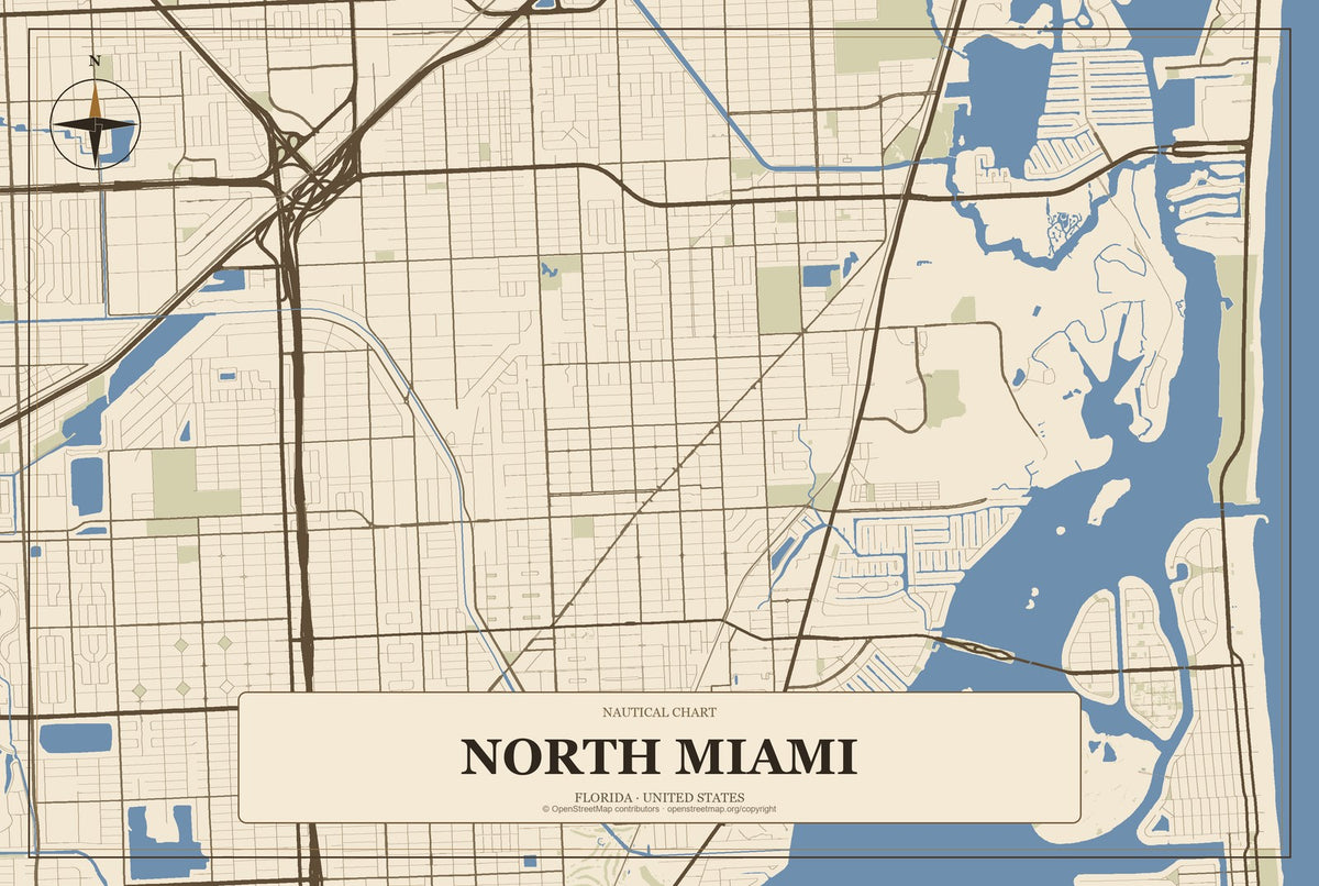 North Miami, Florida City Map Aluminum Sign in Heritage Nautical style
