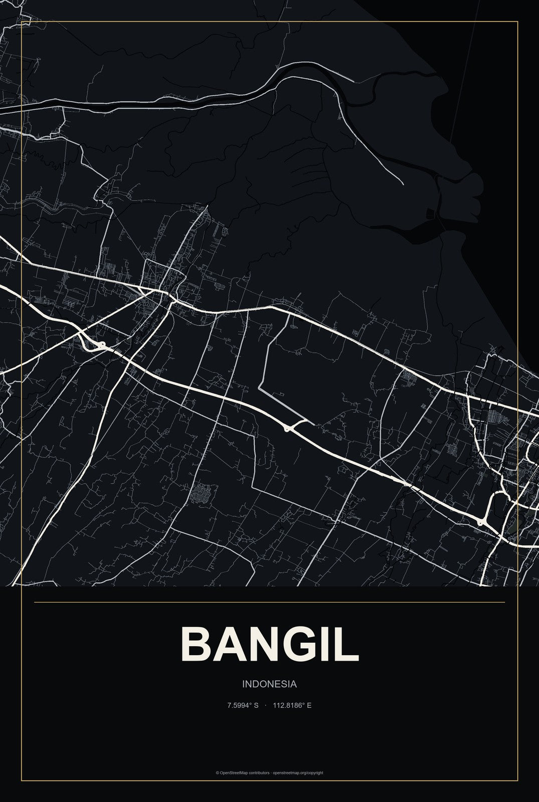 Bangil, Indonesia City Map Aluminum Sign in Metropolitan Noir style