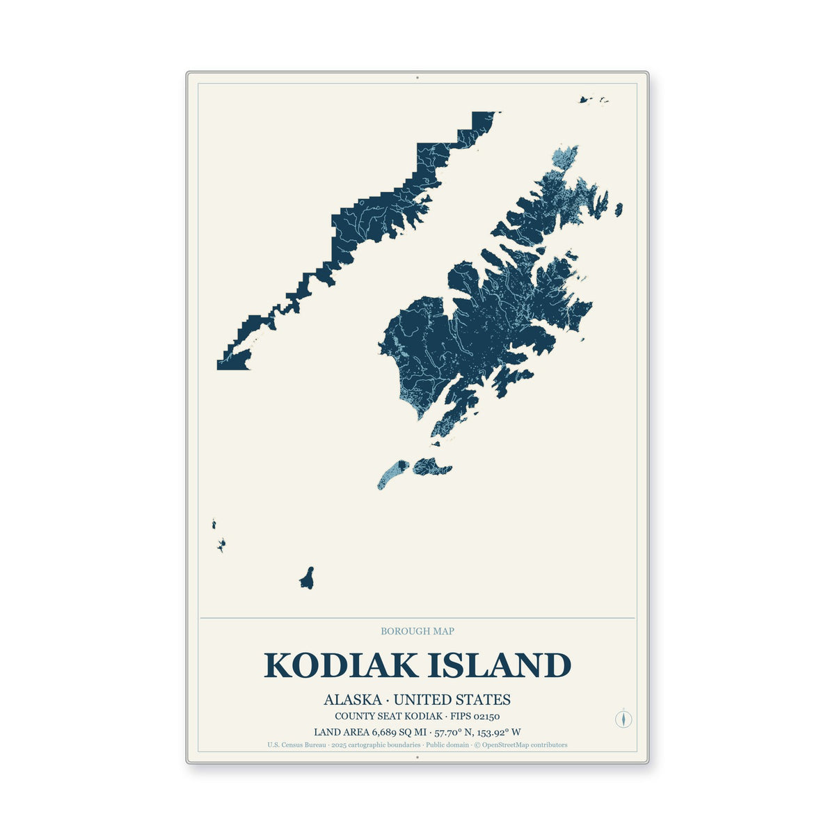 Kodiak Island Borough, Alaska Map Aluminum Sign in Coastal Cutout style
