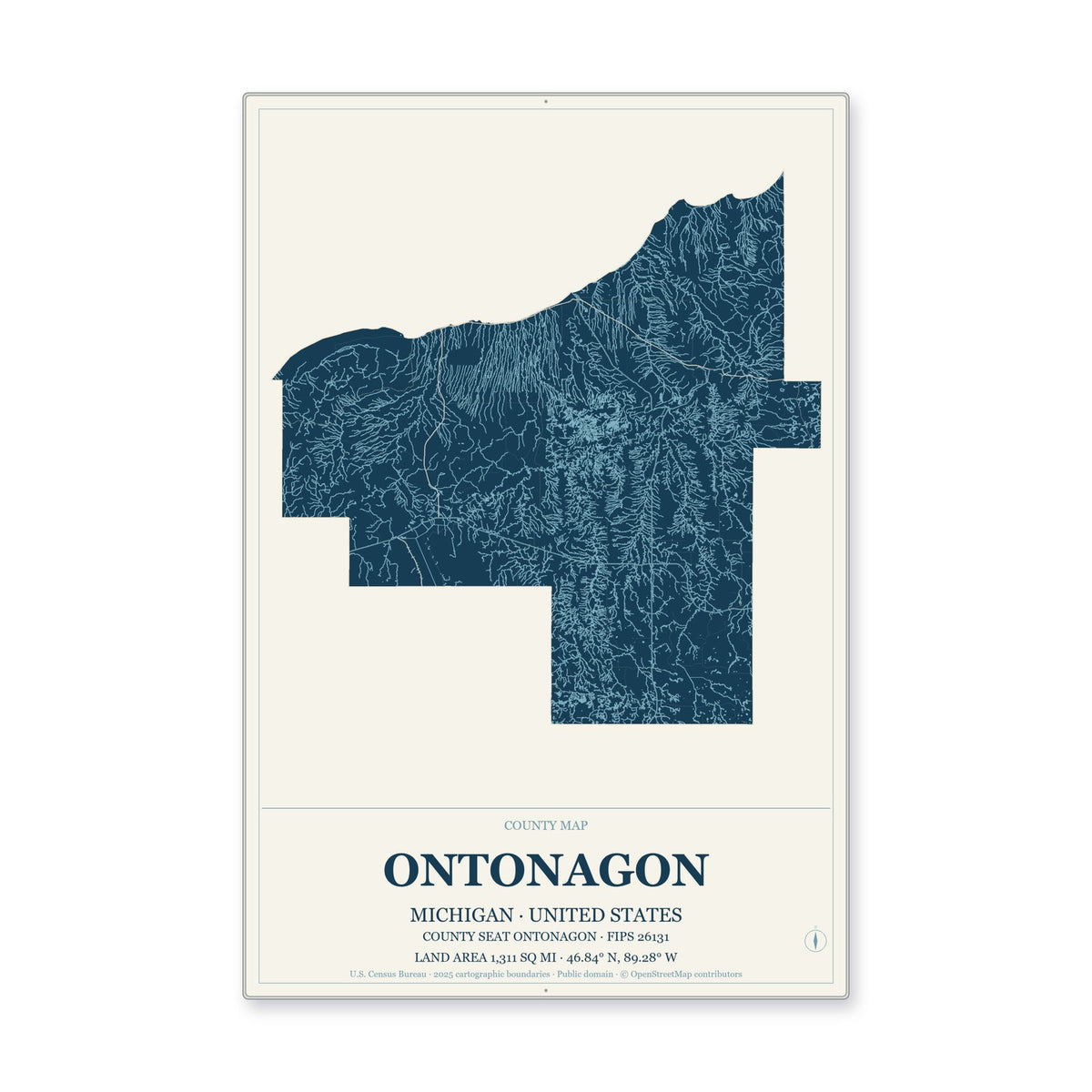 Ontonagon County, Michigan Map Aluminum Sign in Coastal Cutout style