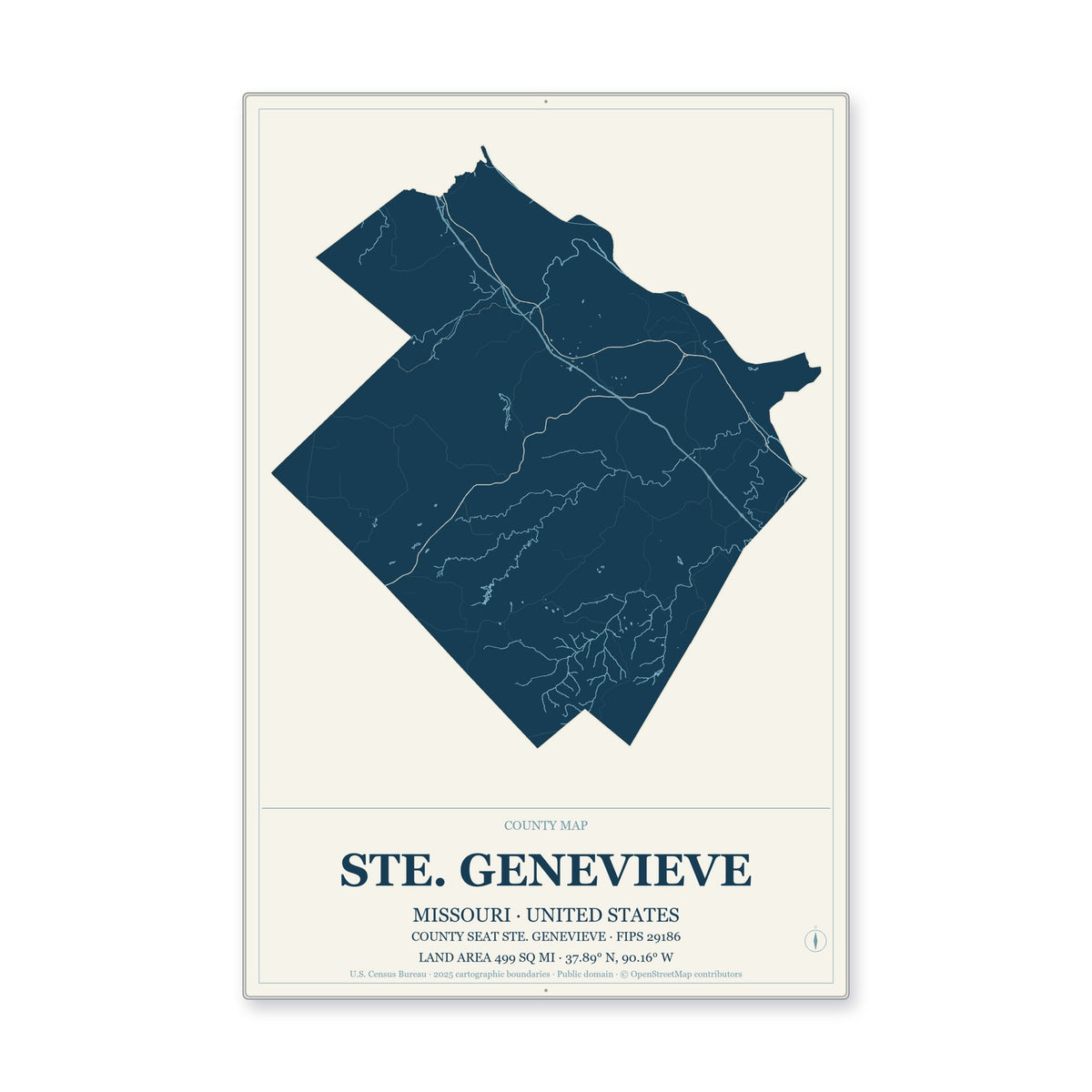 Ste. Genevieve County, Missouri Map Aluminum Sign in Coastal Cutout style