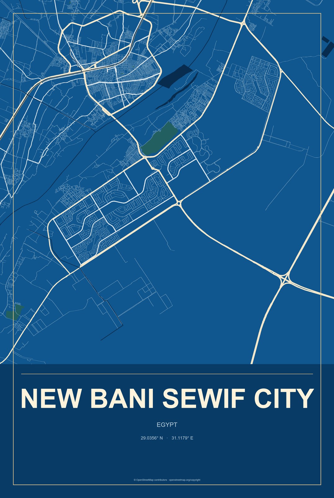 New Bani Sewif City, Egypt City Map Aluminum Sign in Harbor Cobalt style