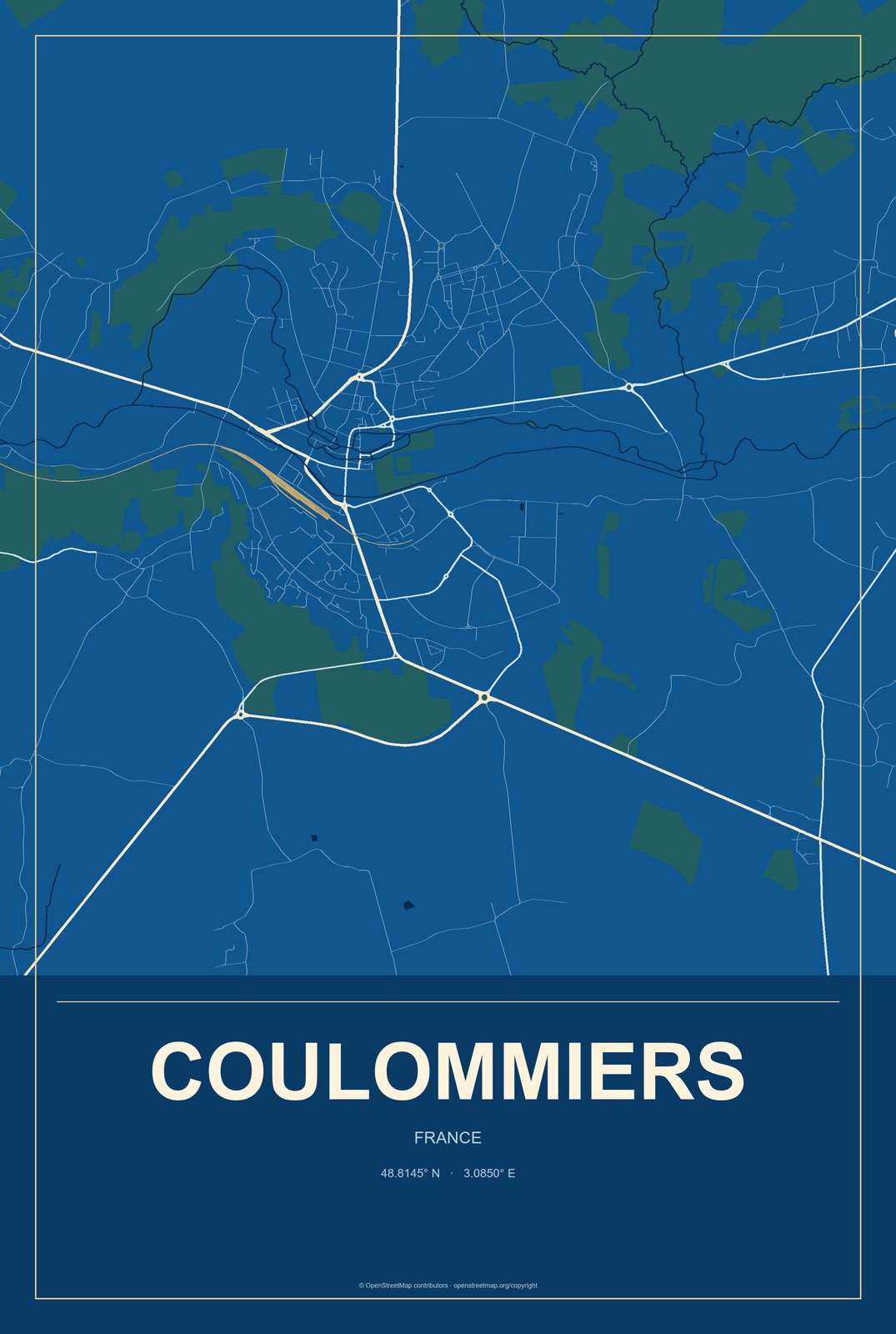 Coulommiers, France City Map Aluminum Sign in Harbor Cobalt style