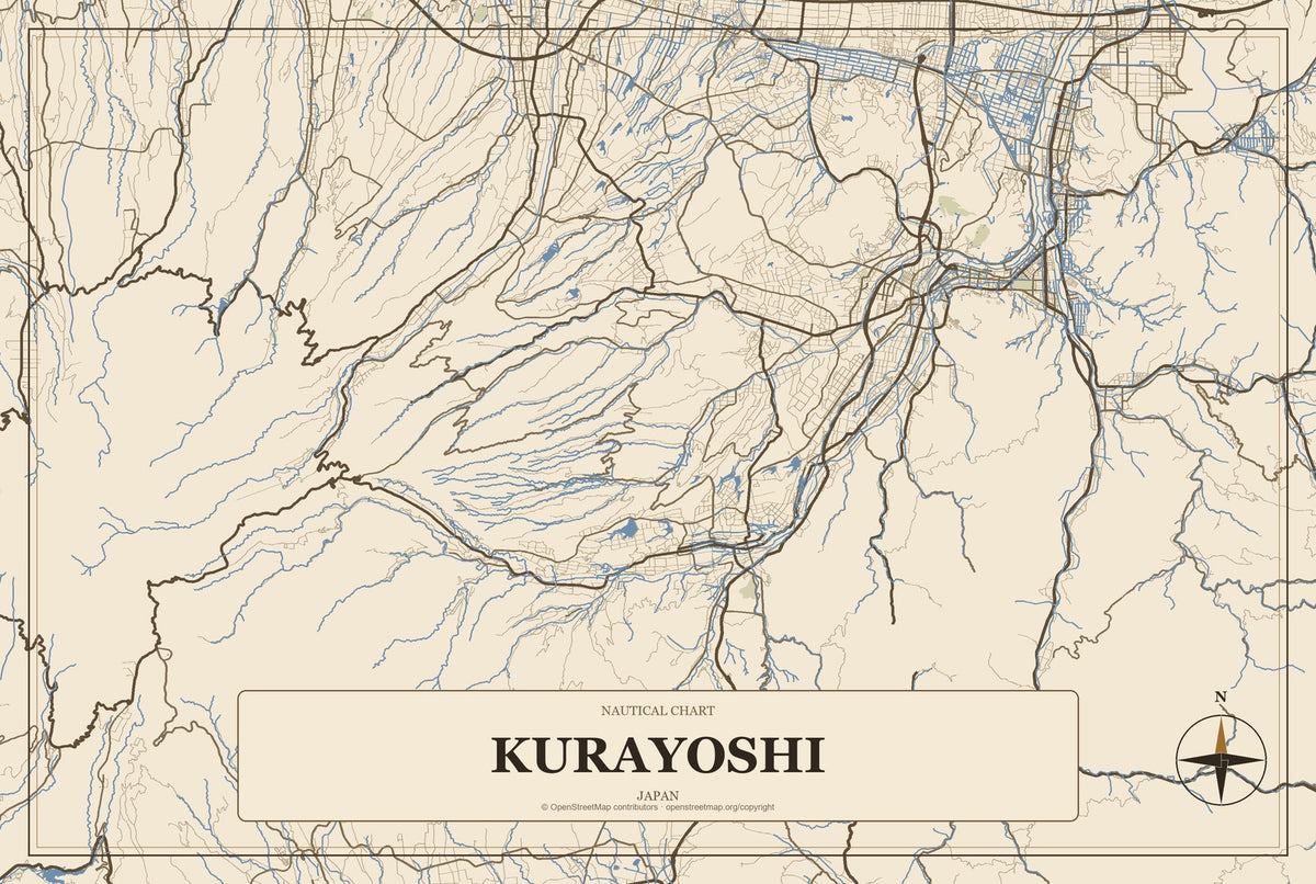 Kurayoshi, Japan City Map Aluminum Sign in Heritage Nautical style