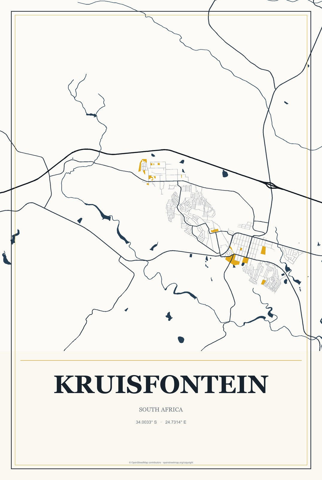 Kruisfontein, South Africa City Map Aluminum Sign in Citrine Modern style