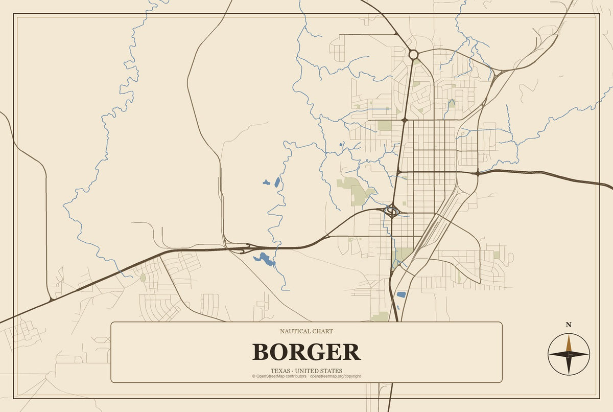 Borger, Texas City Map Aluminum Sign in Heritage Nautical style