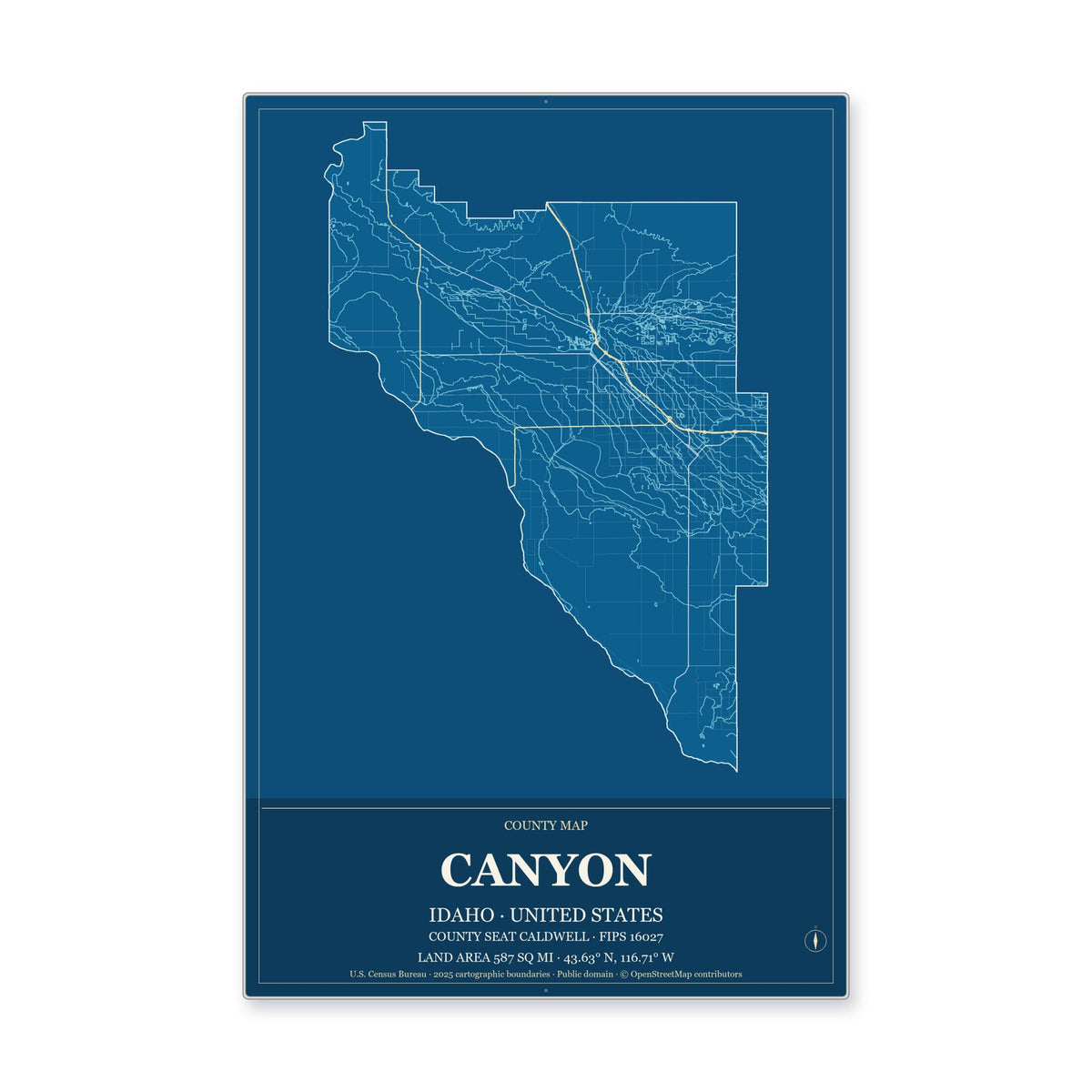 Canyon County, Idaho Map Aluminum Sign in Harbor Cobalt style