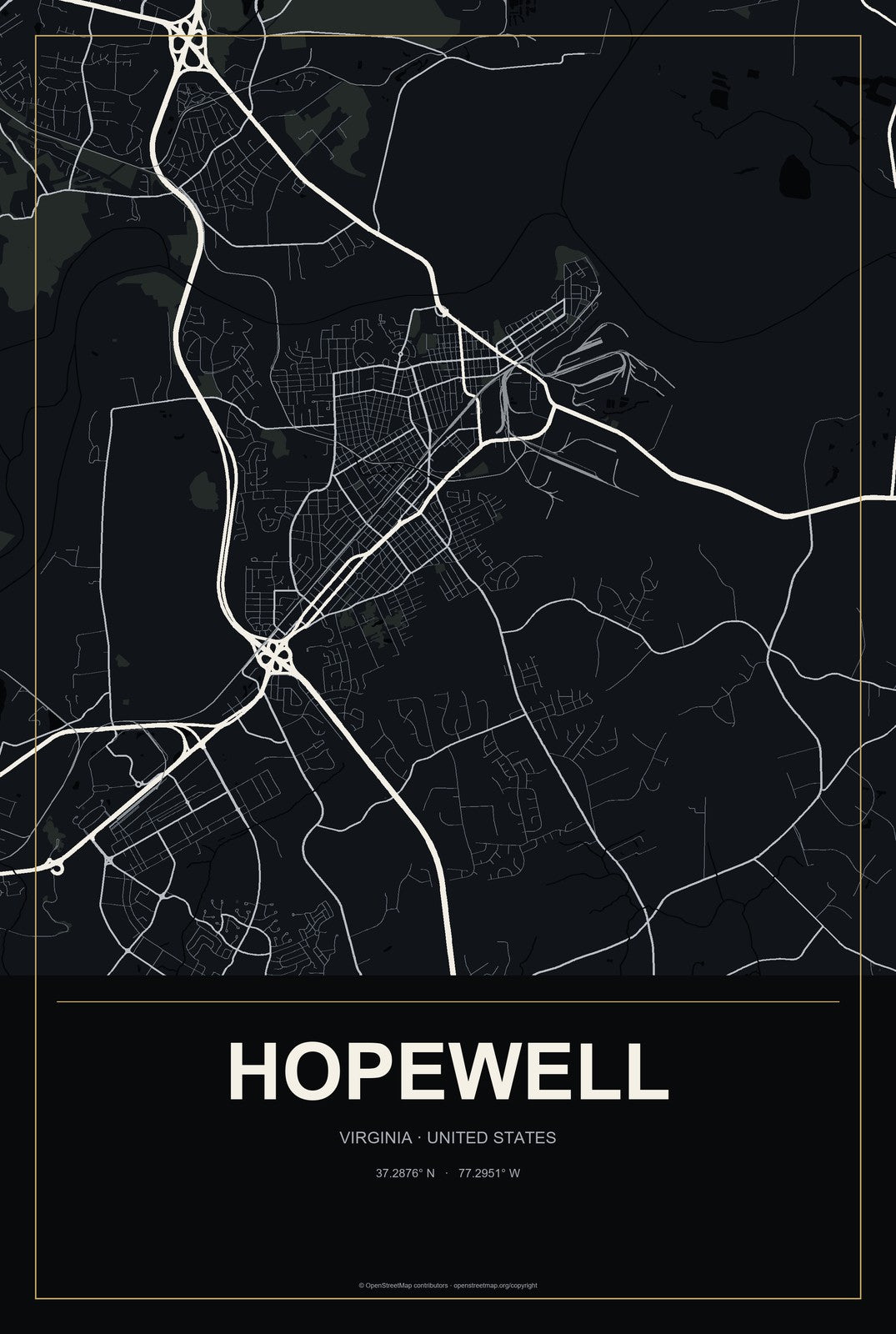 Hopewell, Virginia City Map Aluminum Sign in Metropolitan Noir style