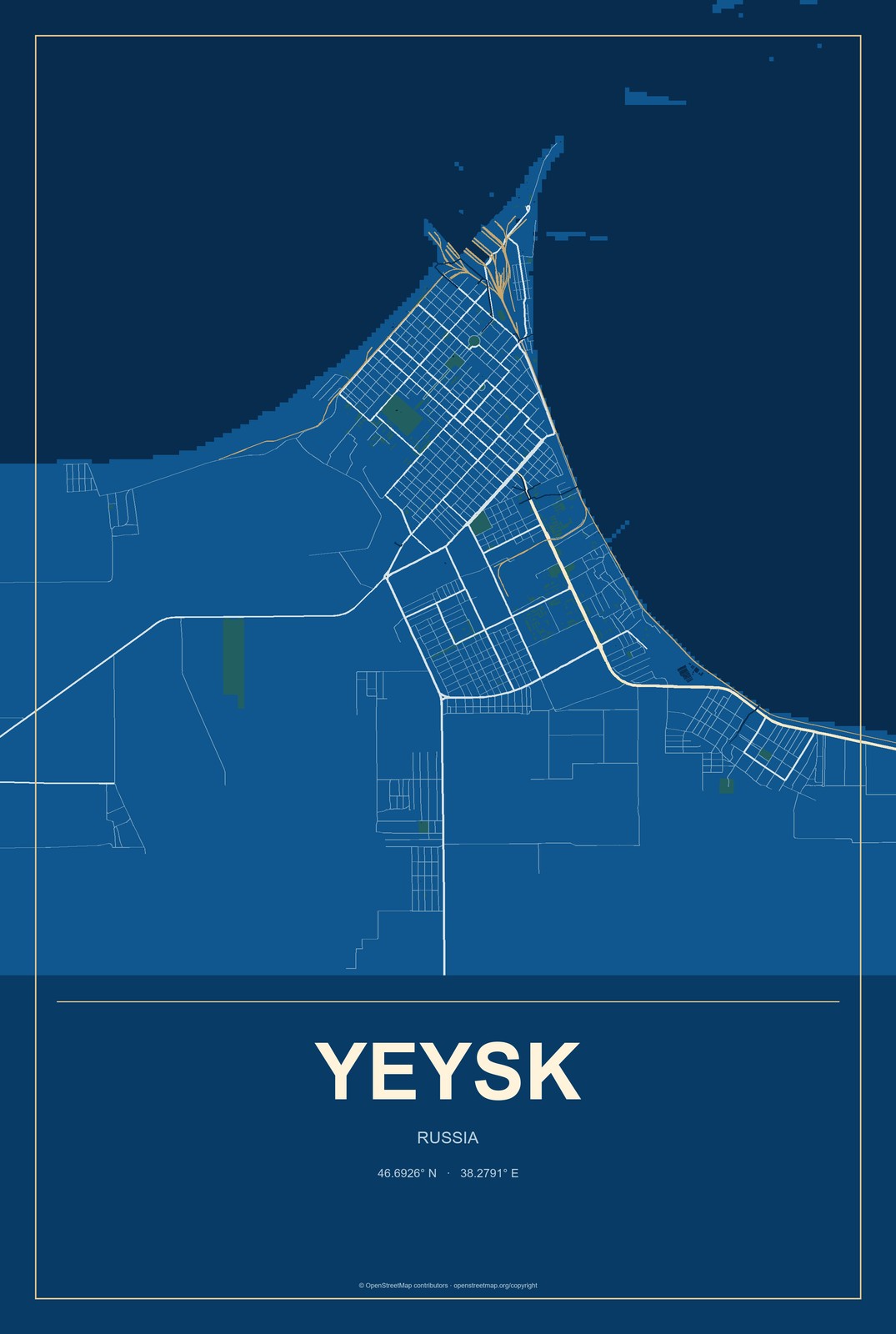 Yeysk, Russia City Map Aluminum Sign in Harbor Cobalt style